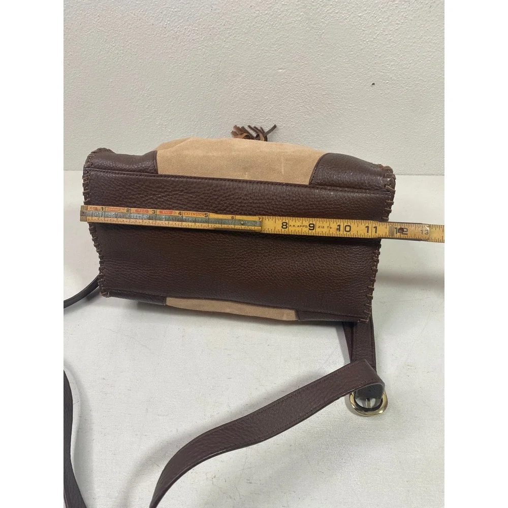 Talbots Tan Suede Brown Leather Whipstitch Tassel Satchel Crossbody Bag Purse